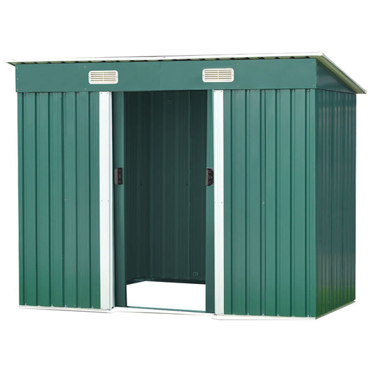 Premium green garden shed 1.94x1.21m with aluminium sliding doors blending into Australian landscape