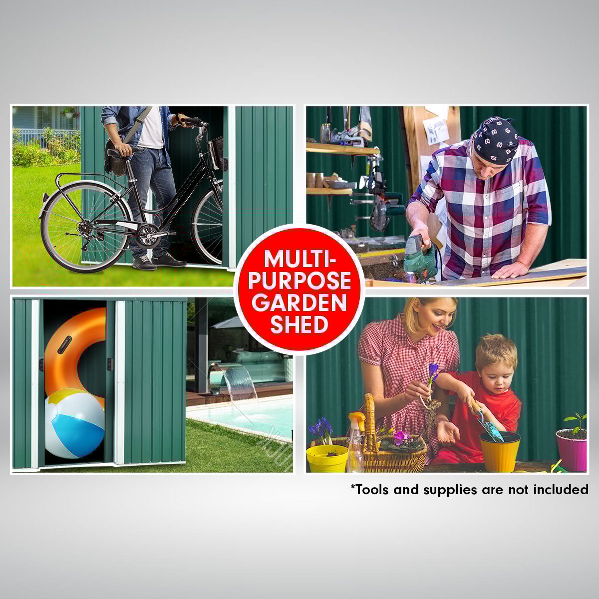 Inside compact garden shed showing tool and bike storage capacity