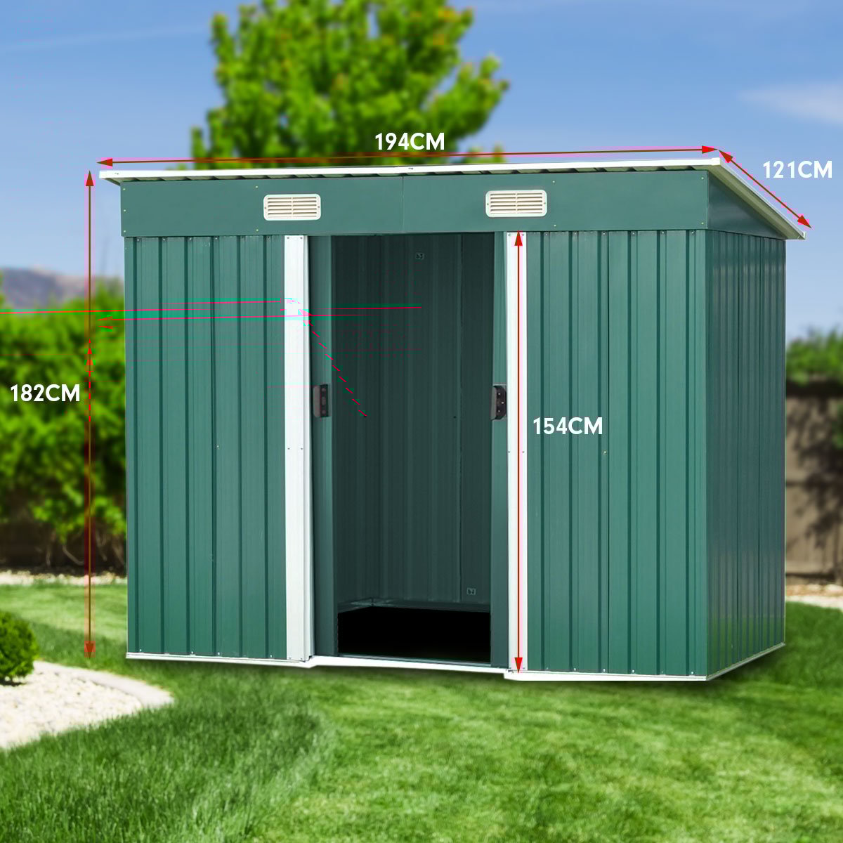 Galvanized steel construction of green garden shed showing 0.27mm panels and zinc frame