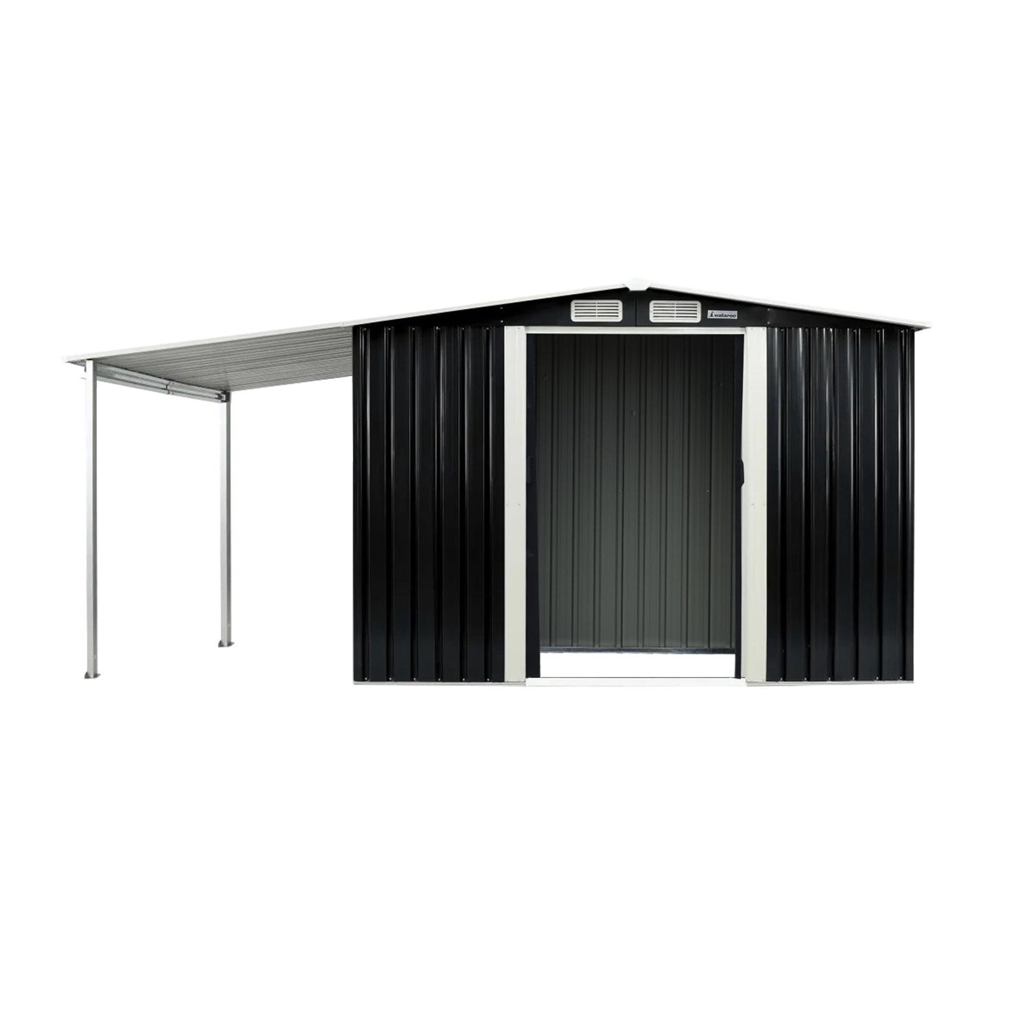 Wallaroo 3.02x2.57m black steel garden shed with open side storage for Australian backyards