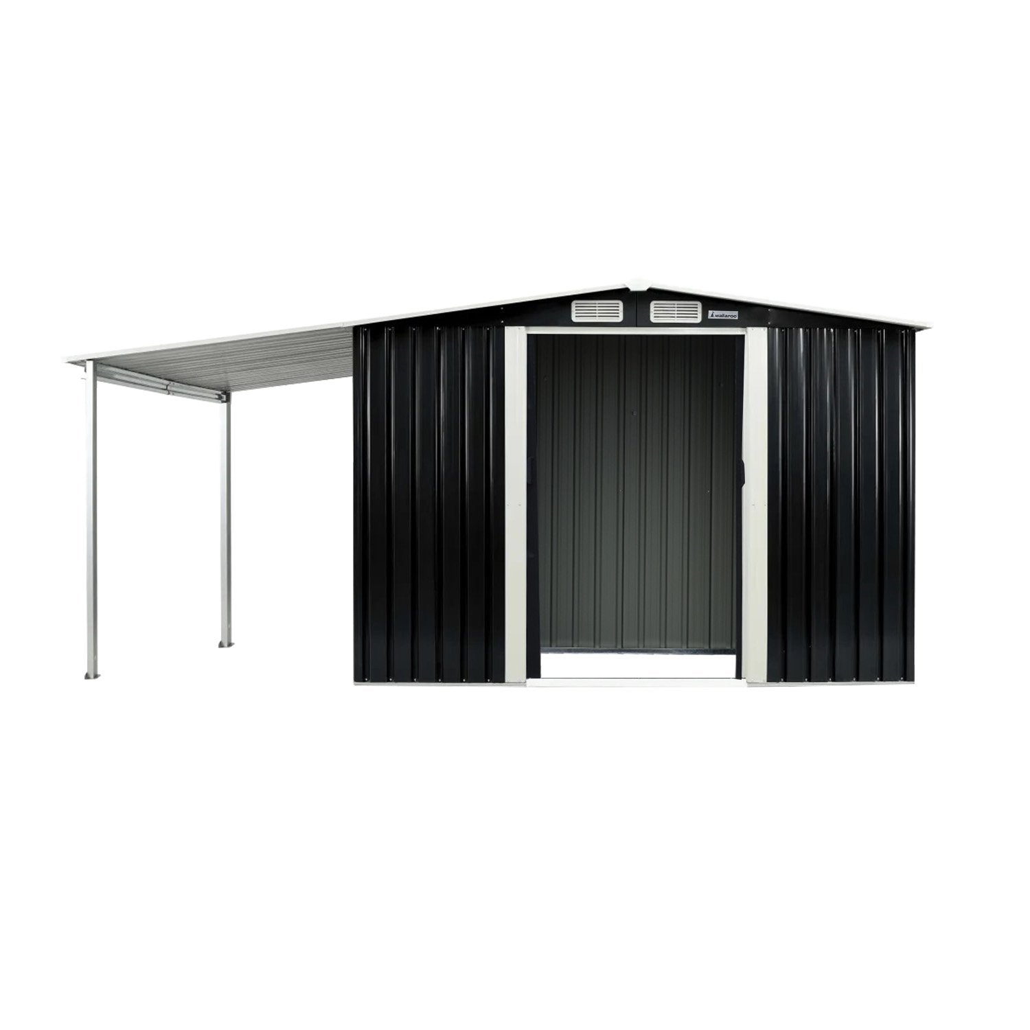 Wallaroo 3.02x2.57m black steel garden shed with open side storage for Australian backyards