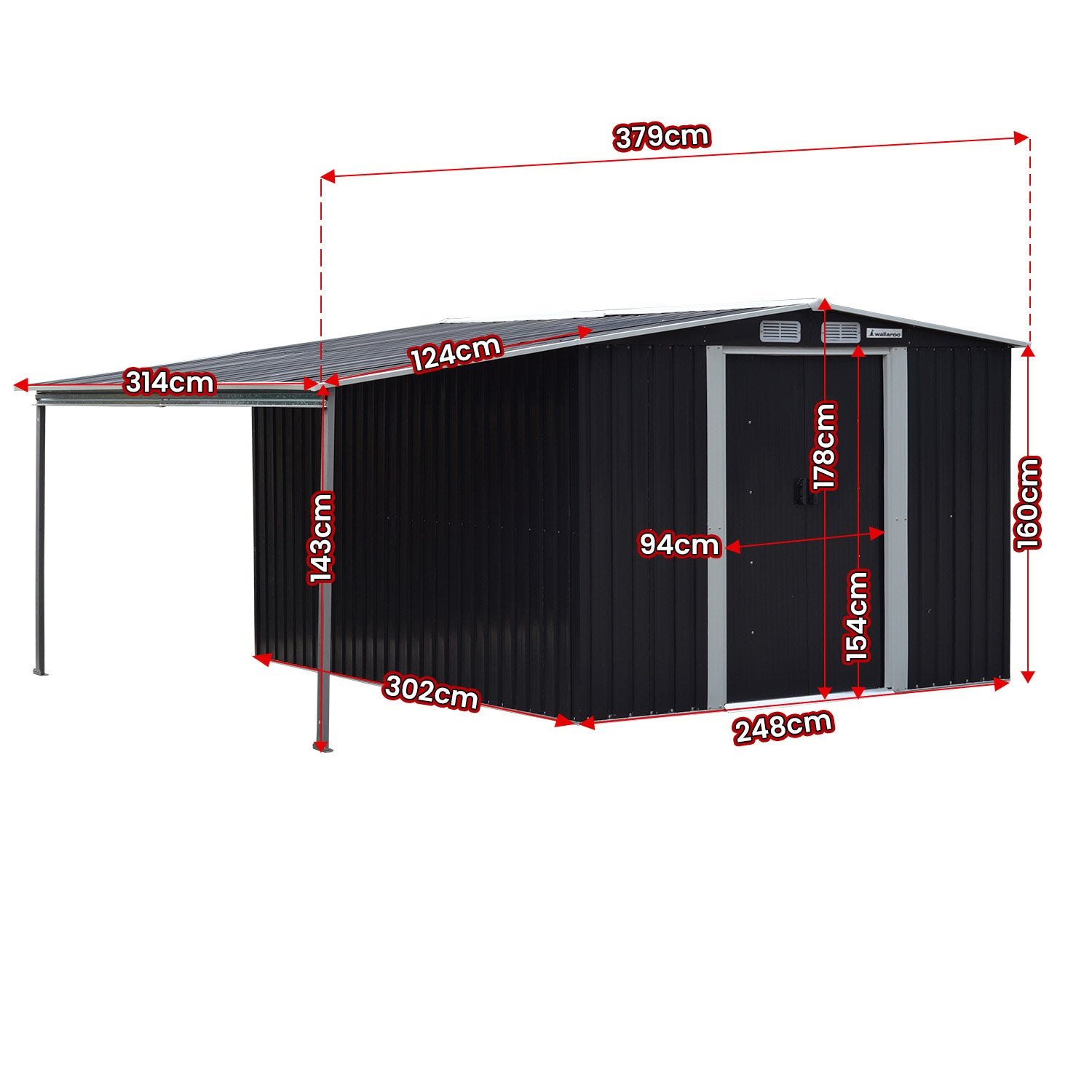 Wallaroo garden shed dimensions 3.02m x 2.57m main storage plus 1.29m side storage area