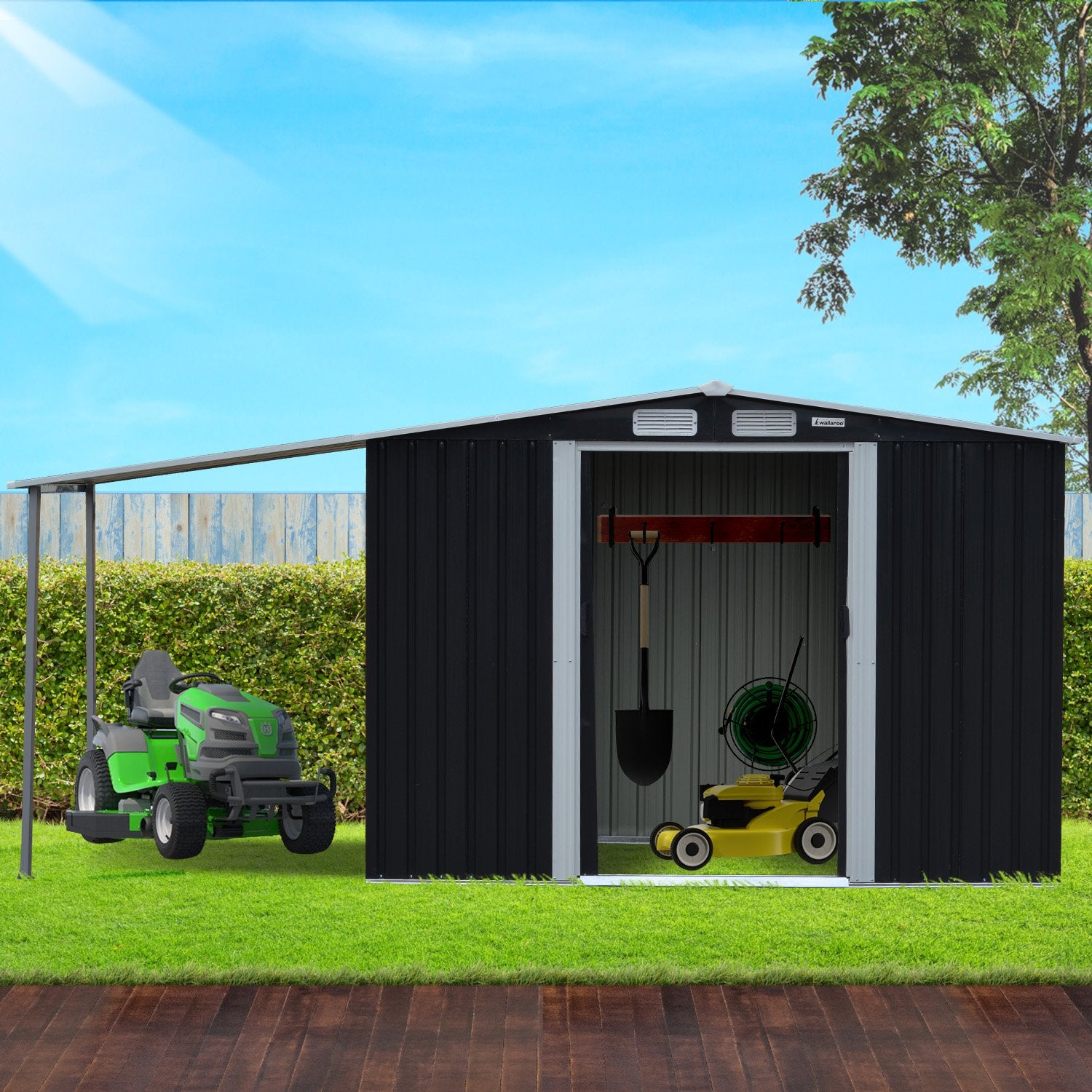 Spacious interior of Wallaroo garden shed with steel base frame and ventilation system