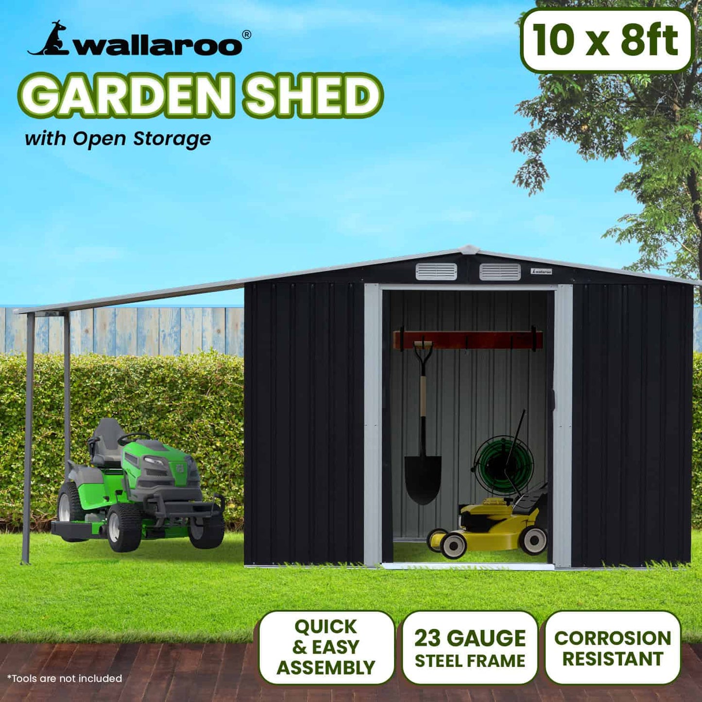 Wallaroo 2.57x3.02m Garden Shed with Side Storage - Heavy Duty Steel Storage Shed Australia