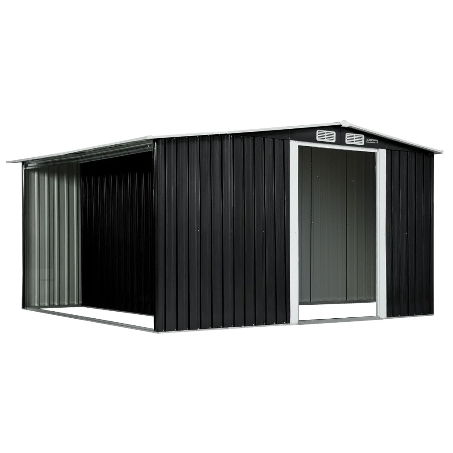 Premium black 10x8ft garden shed with dual storage zones in modern Australian backyard