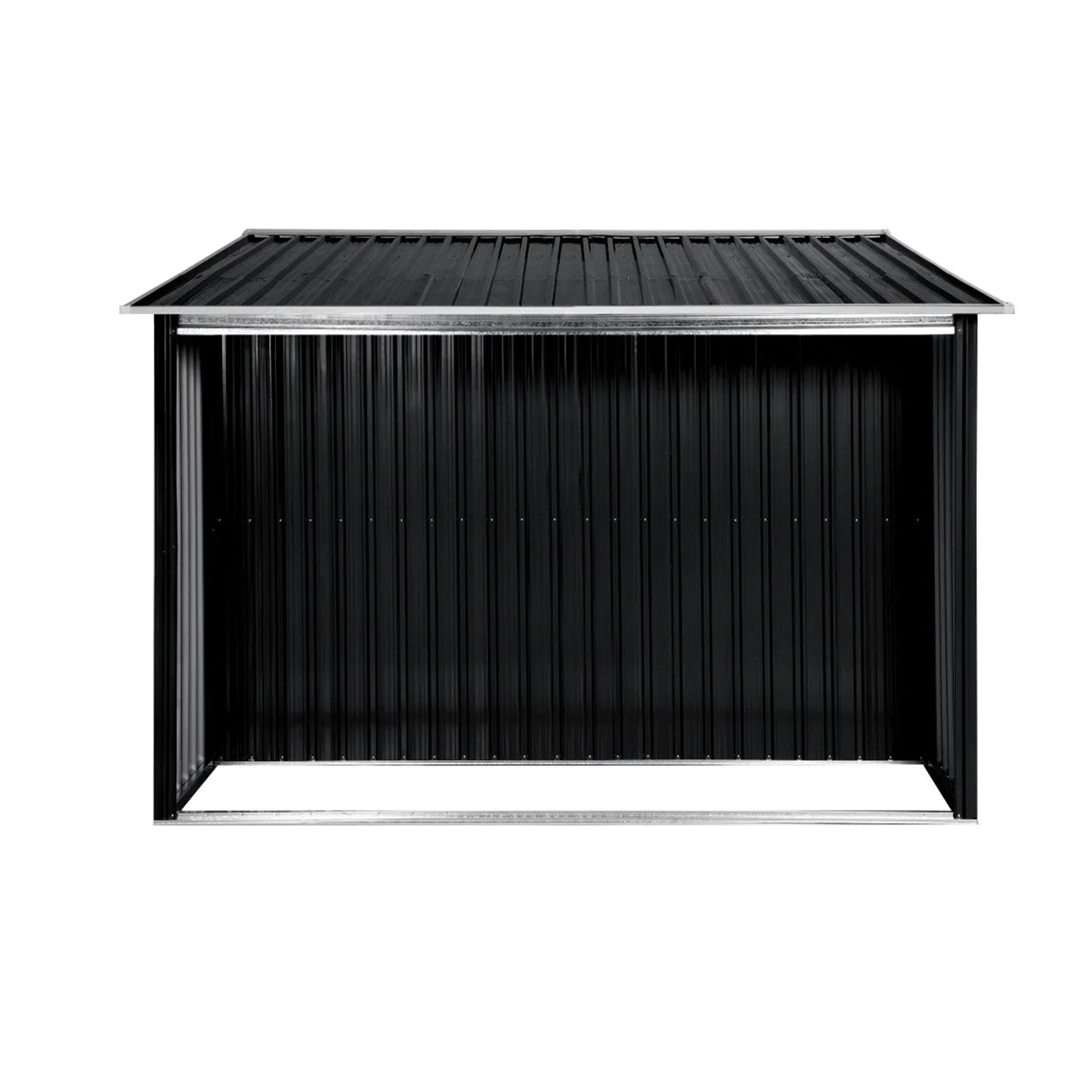 Semi-open side storage area of black metal garden shed showing bins and equipment organization