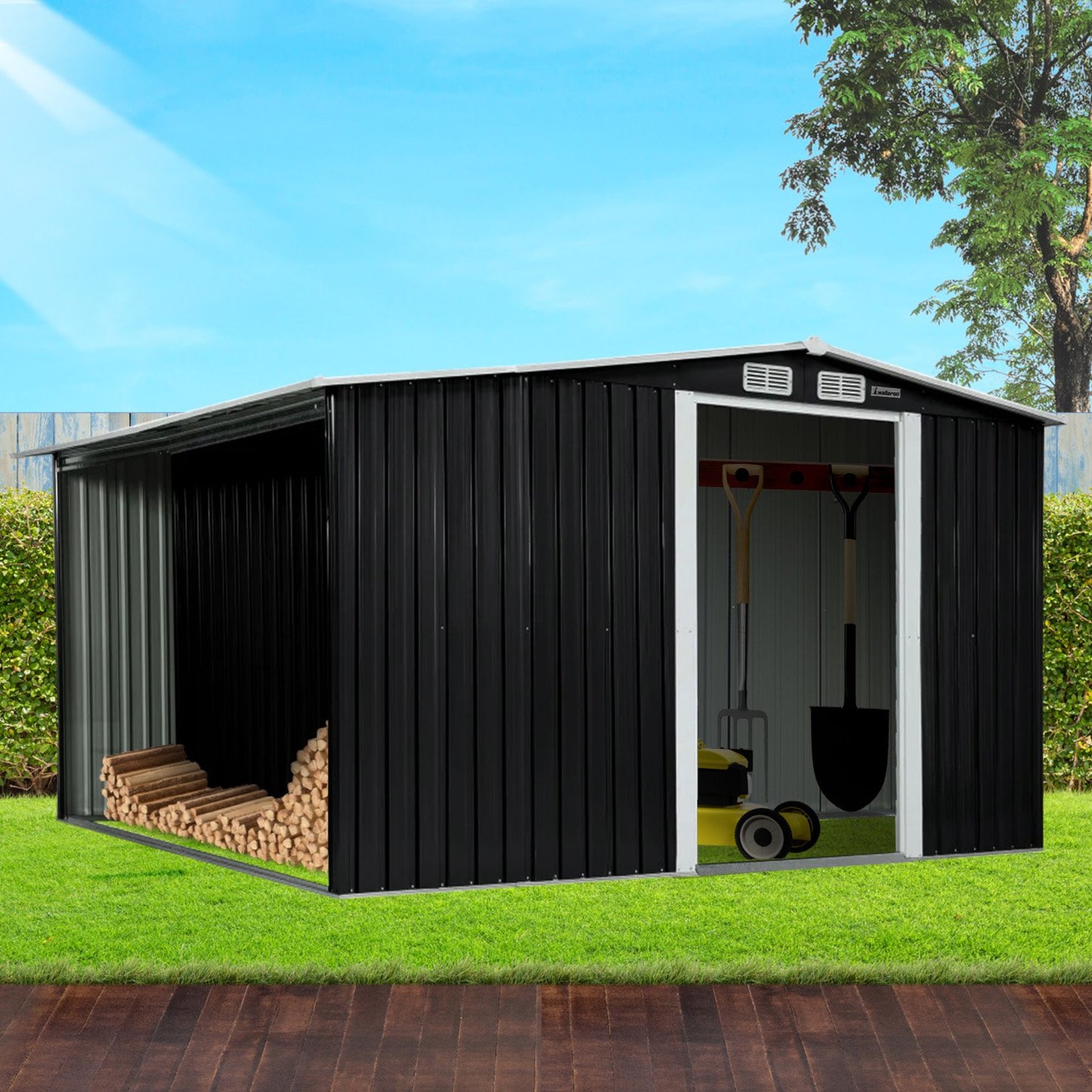 Premium 3.3x3.1m Black Garden Shed + Side Storage - Commercial Grade