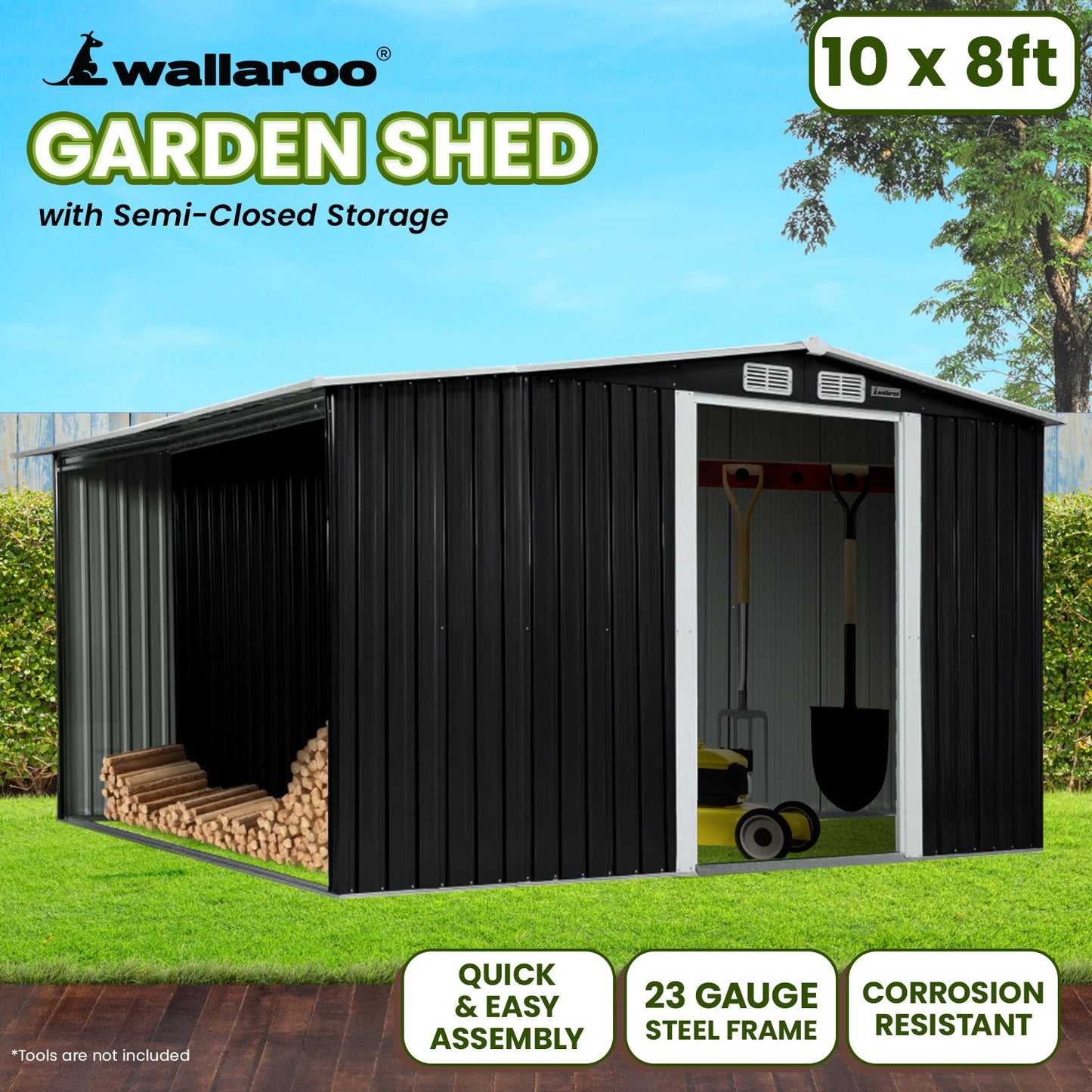 Premium 3.3x3.1m Black Garden Shed + Side Storage - Commercial Grade