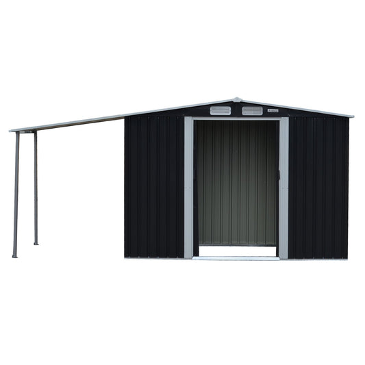 Premium black 4x8ft Wallaroo garden shed with built-in log storage just restocked for Australian backyards