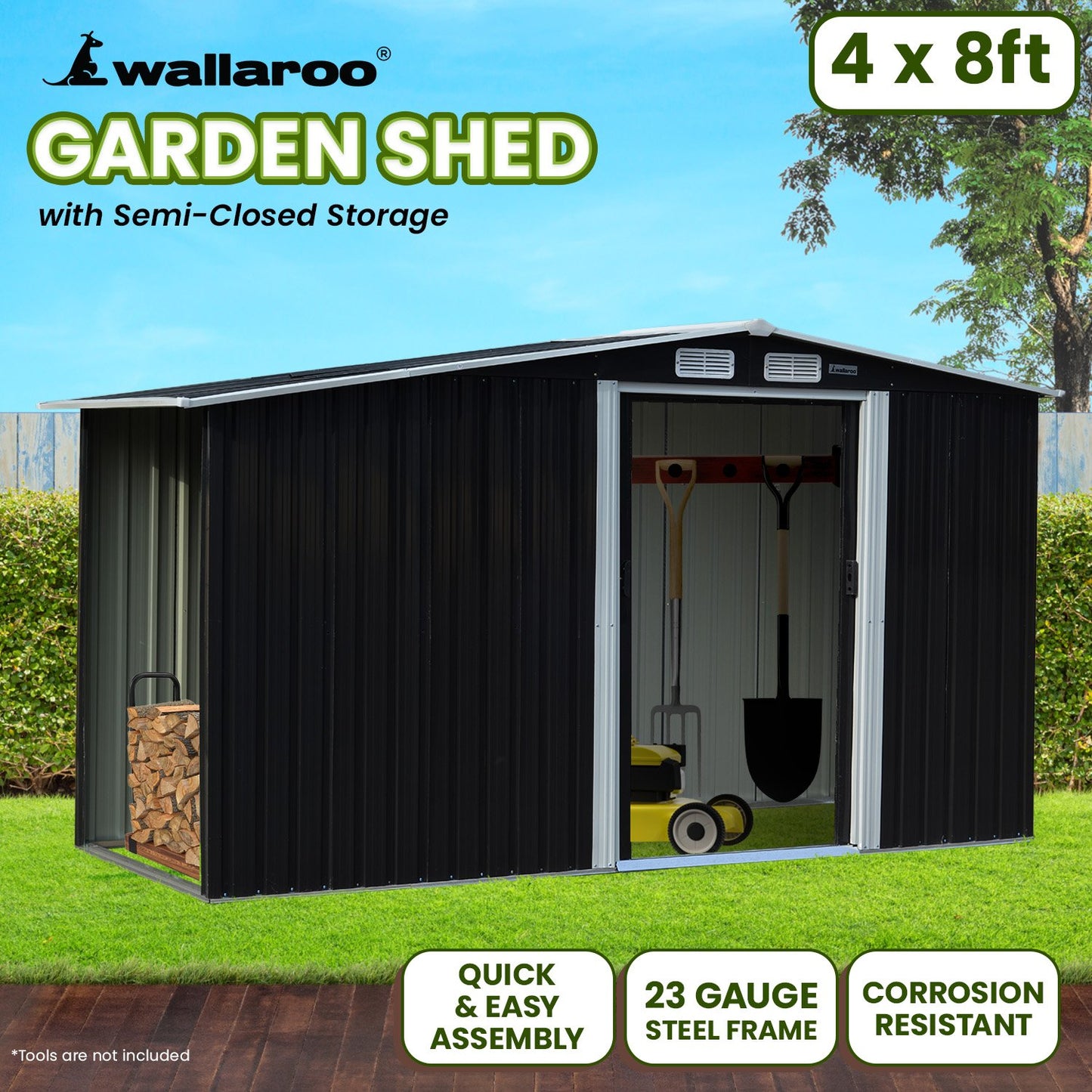 3.29m x 1.2m Garden Shed Black with Side Storage | Dual Zone Steel Shed