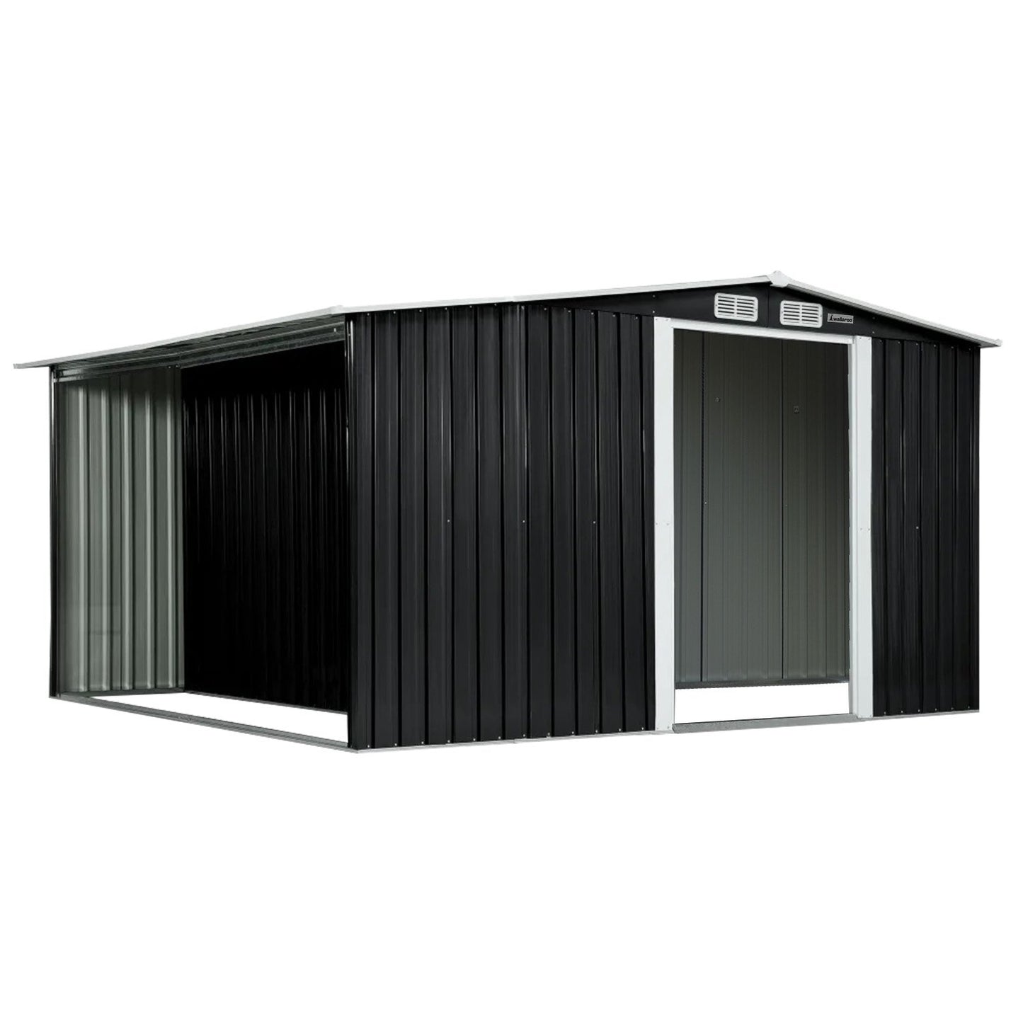 Premium 6x8FT garden shed with side storage compartment showing double sliding doors and matte black finish