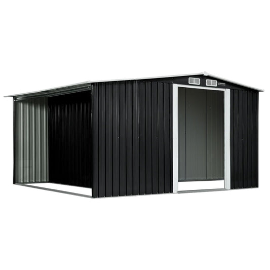 Premium 6x8FT garden shed with side storage compartment showing double sliding doors and matte black finish