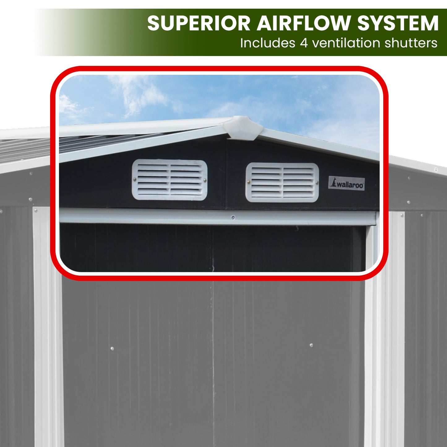 Four ventilation shutters on garden shed preventing condensation and maintaining air circulation