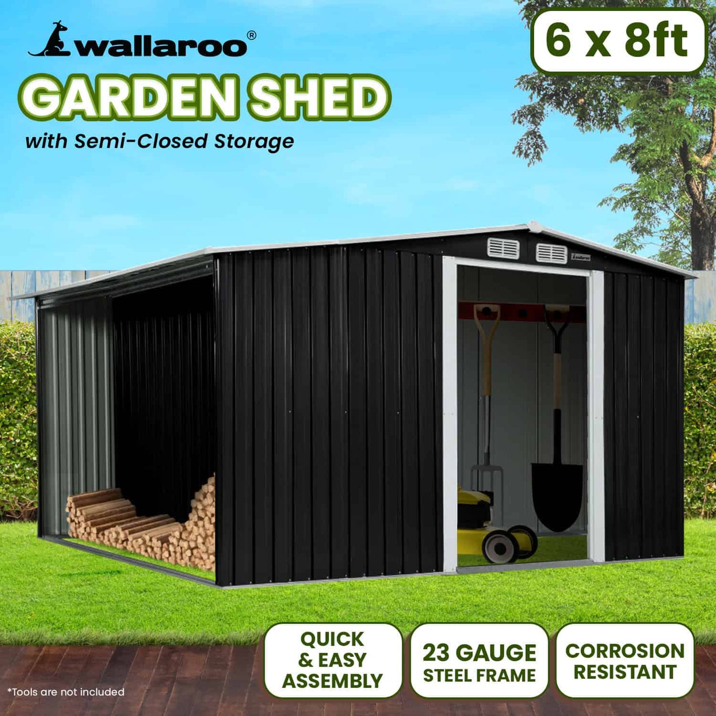 Easy assembly garden shed with numbered parts and clear instructions showing DIY-friendly setup