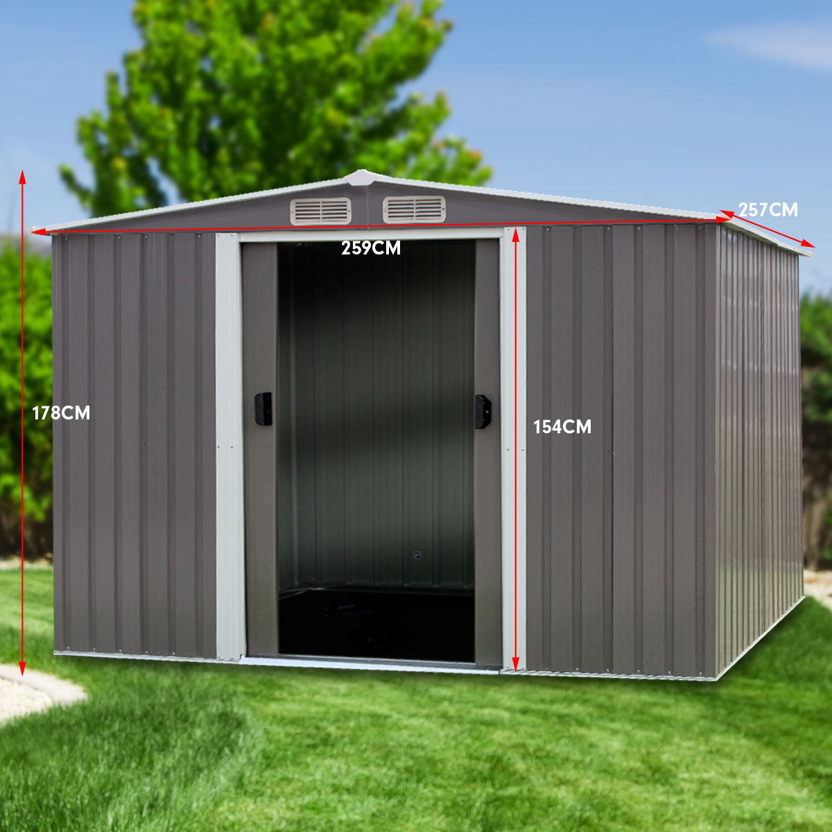 π οΈ 2.59m x 2.57m Outdoor Garden Shed β Spire Roof, Heavy-Duty Steel, 4 Vents (Grey)