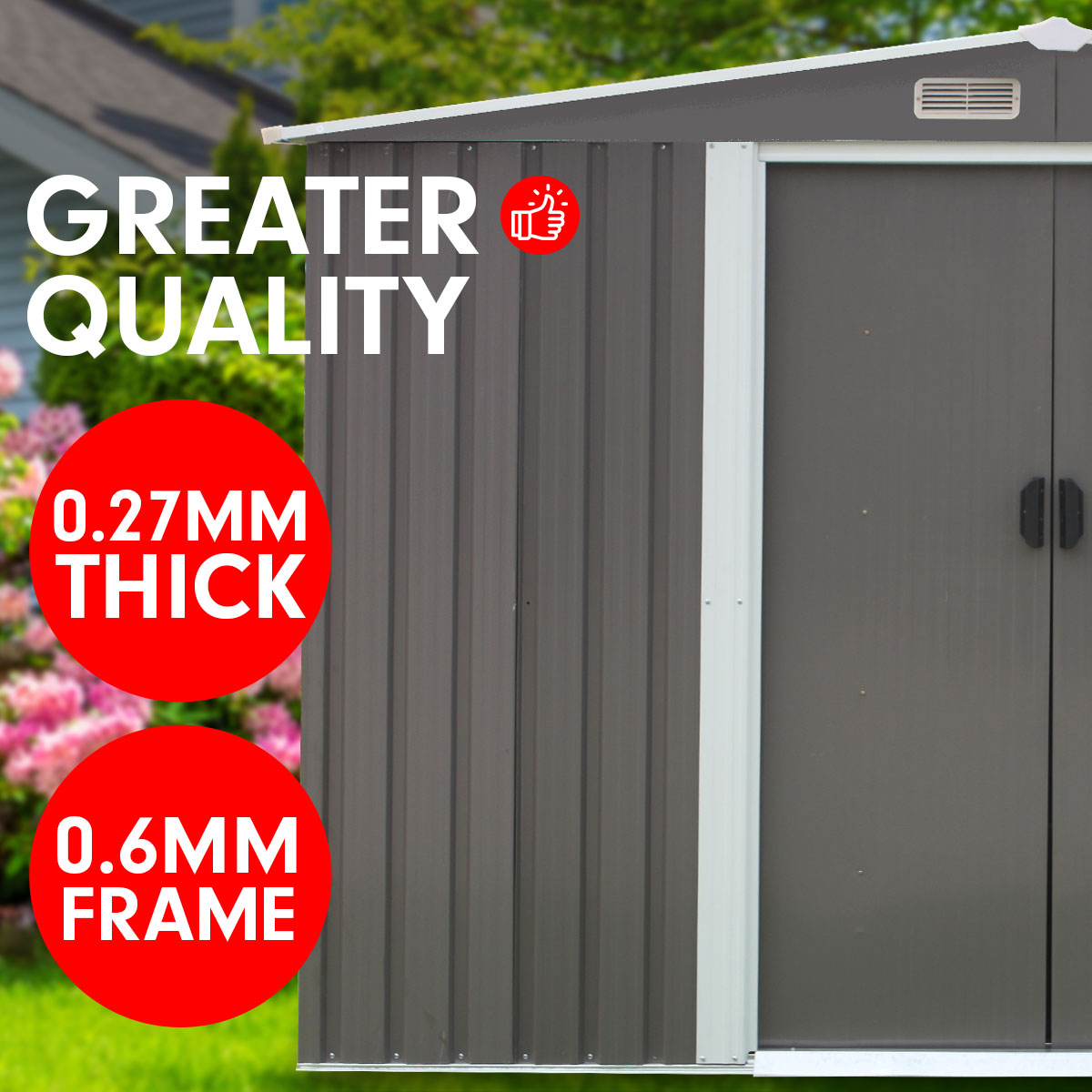 π οΈ 2.59m x 2.57m Outdoor Garden Shed β Spire Roof, Heavy-Duty Steel, 4 Vents (Grey)
