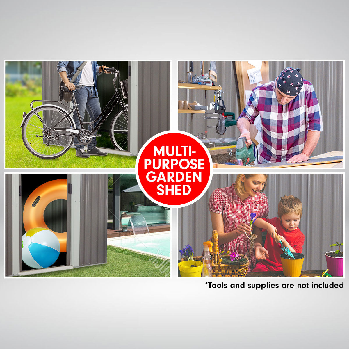 π οΈ 2.59m x 2.57m Outdoor Garden Shed β Spire Roof, Heavy-Duty Steel, 4 Vents (Grey)