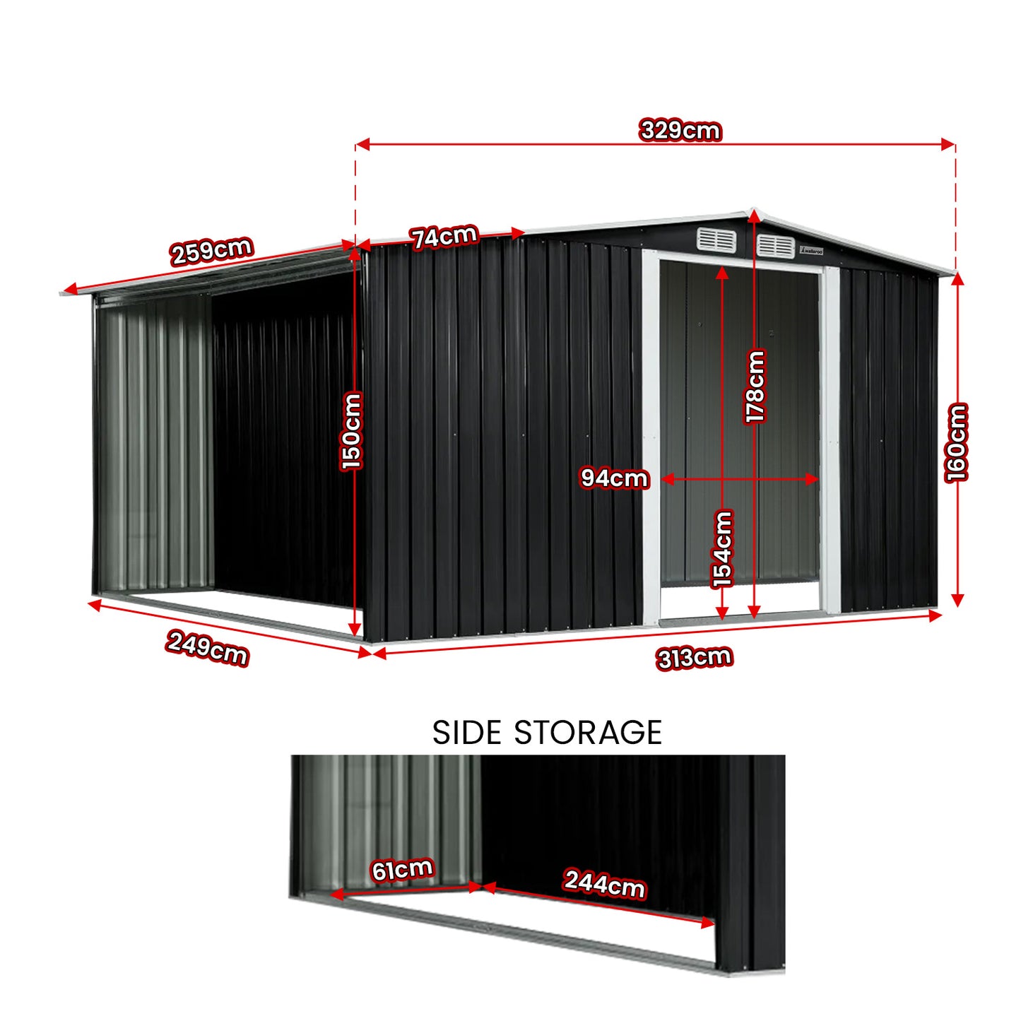 2.57x2.59m Steel Garden Shed with Side Storage – Heavy-Duty Outdoor Organiser