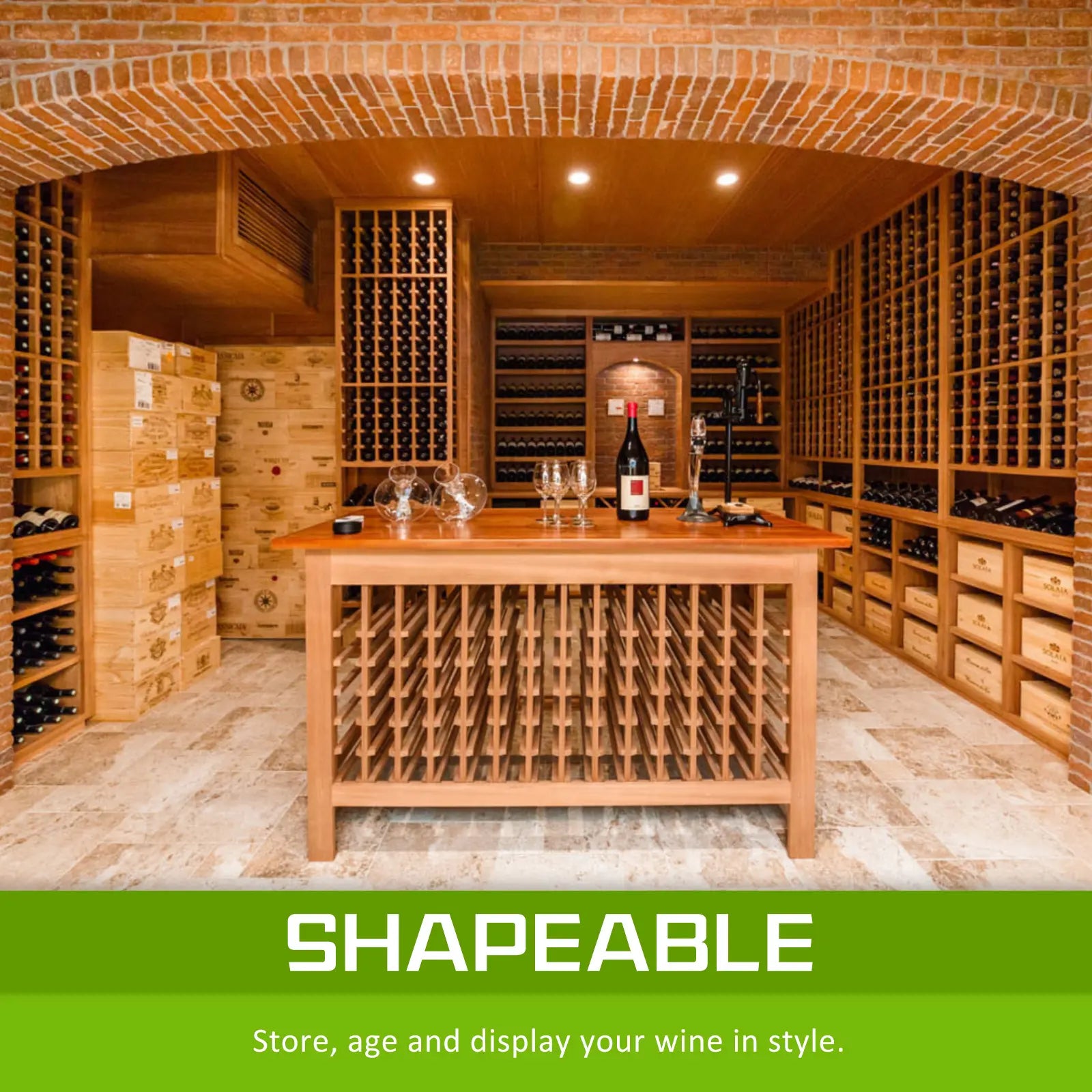 Timber wine rack showing 42 bottles red white wine organized sustainable pine wood modular cellar storage