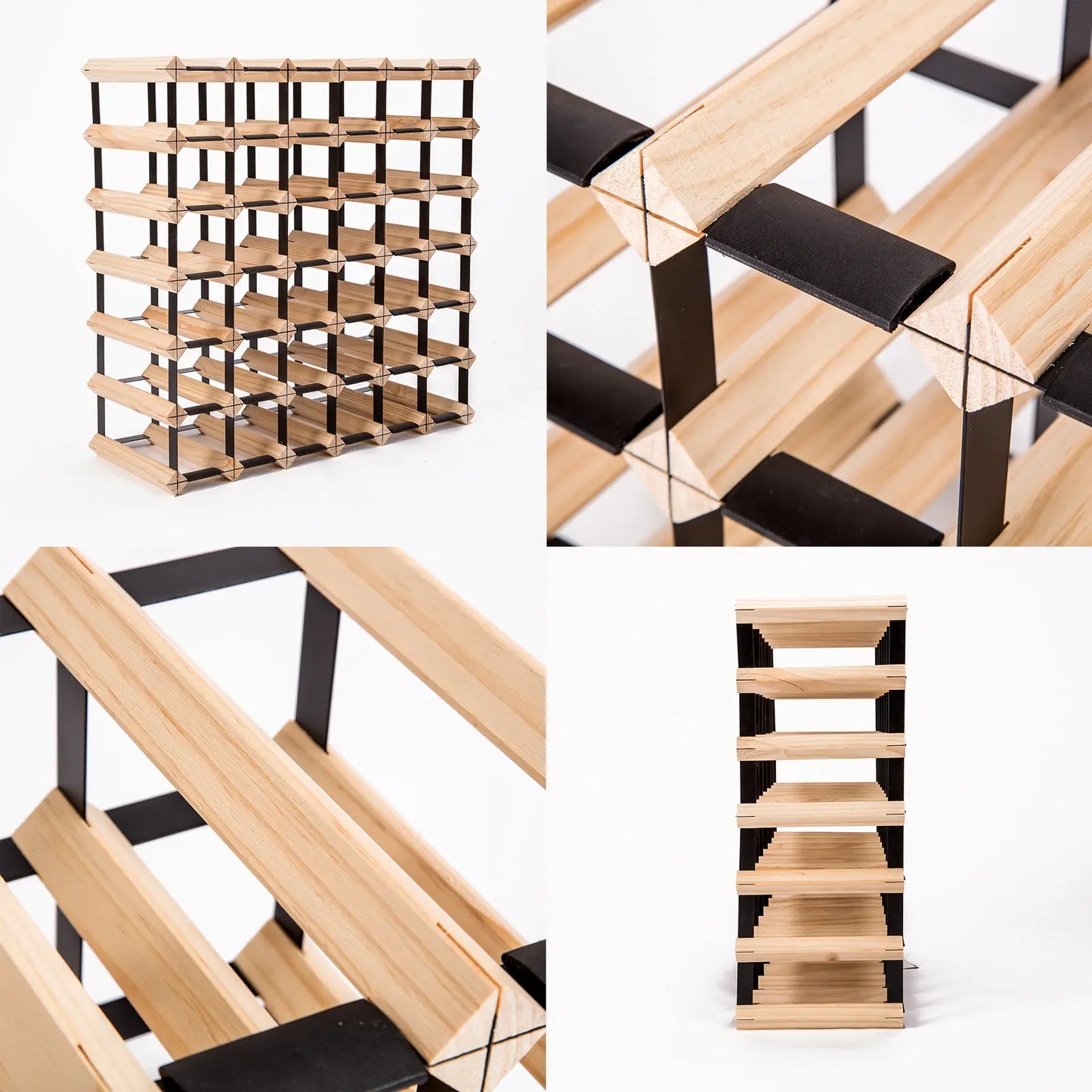 Modular wine rack system showing expandable design multiple timber racks creating custom wine cellar storage