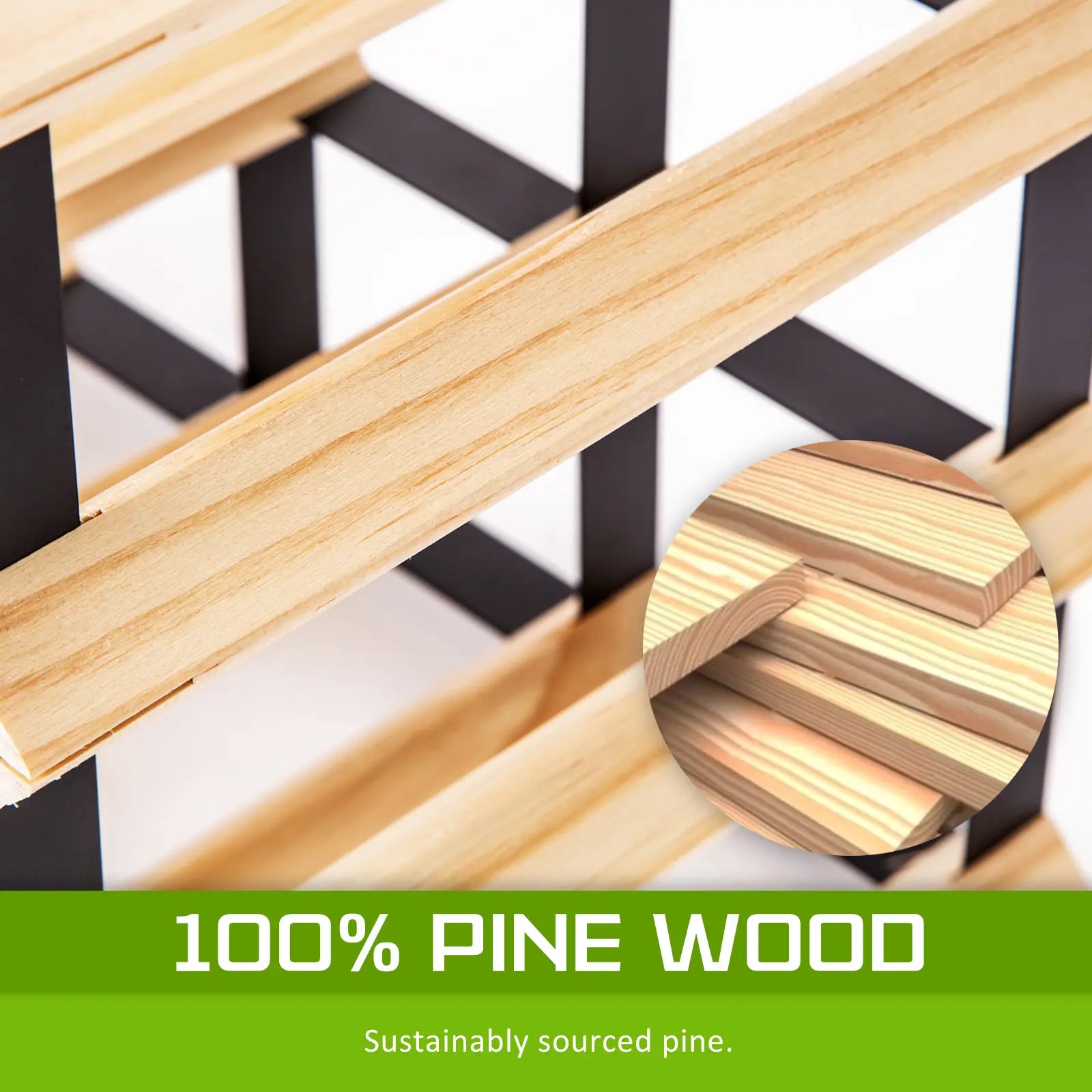 Close up timber wine rack construction showing quality pine wood grain baked enamel steel bottle protection