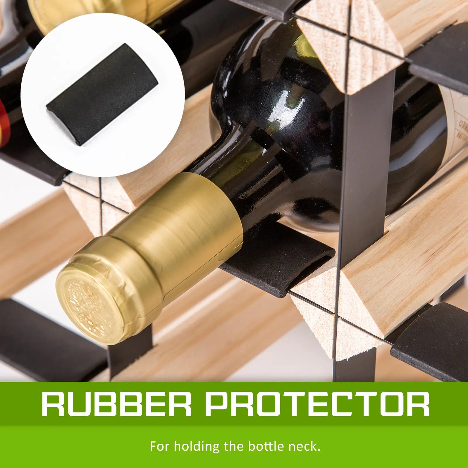 Wine rack bottle protection showing rubber neck protectors secure cradle design preventing wine label damage
