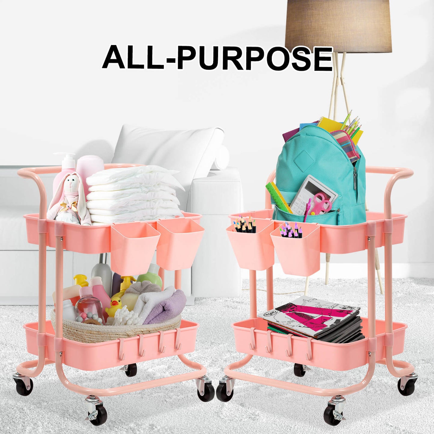 2-Tier Pink Rolling Storage Trolley with Wheels - Mobile Kitchen Cart Organizer with Hooks & Cups | Australian Families' #1 Choice