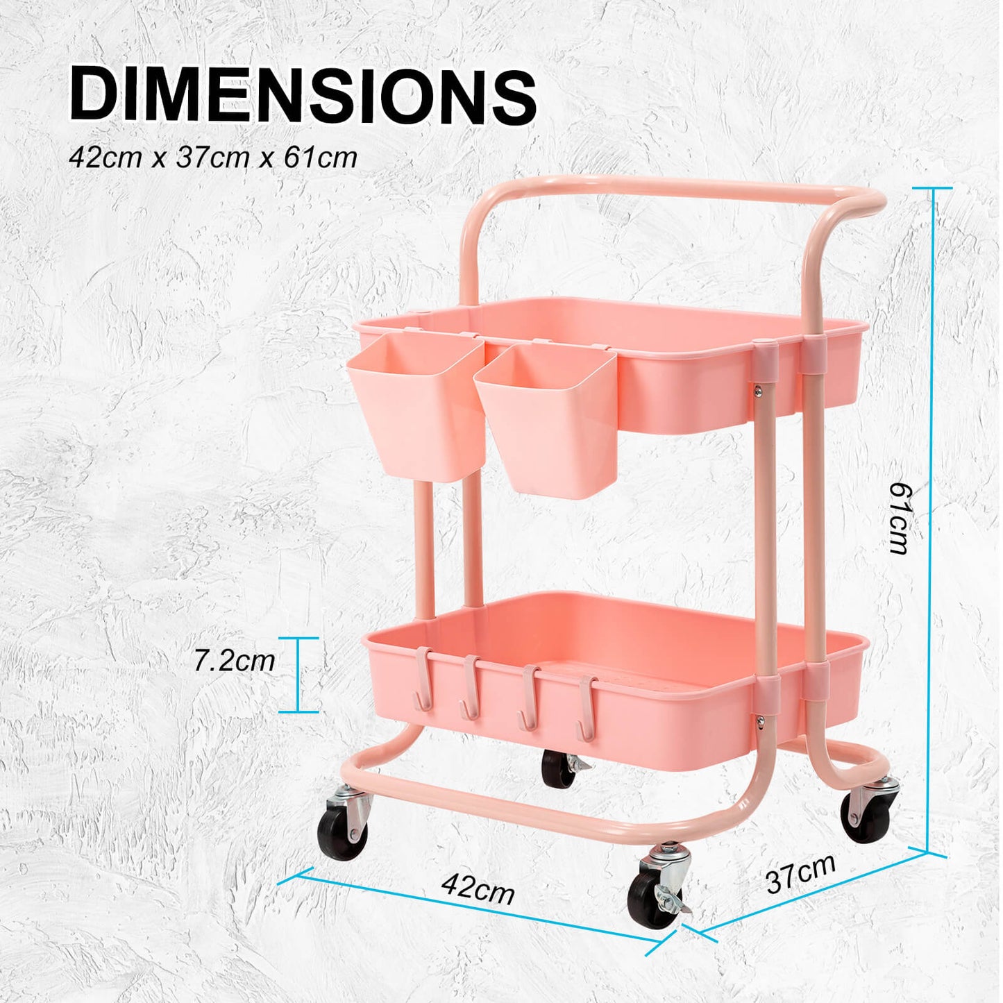 2-Tier Pink Rolling Storage Trolley with Wheels - Mobile Kitchen Cart Organizer with Hooks & Cups | Australian Families' #1 Choice