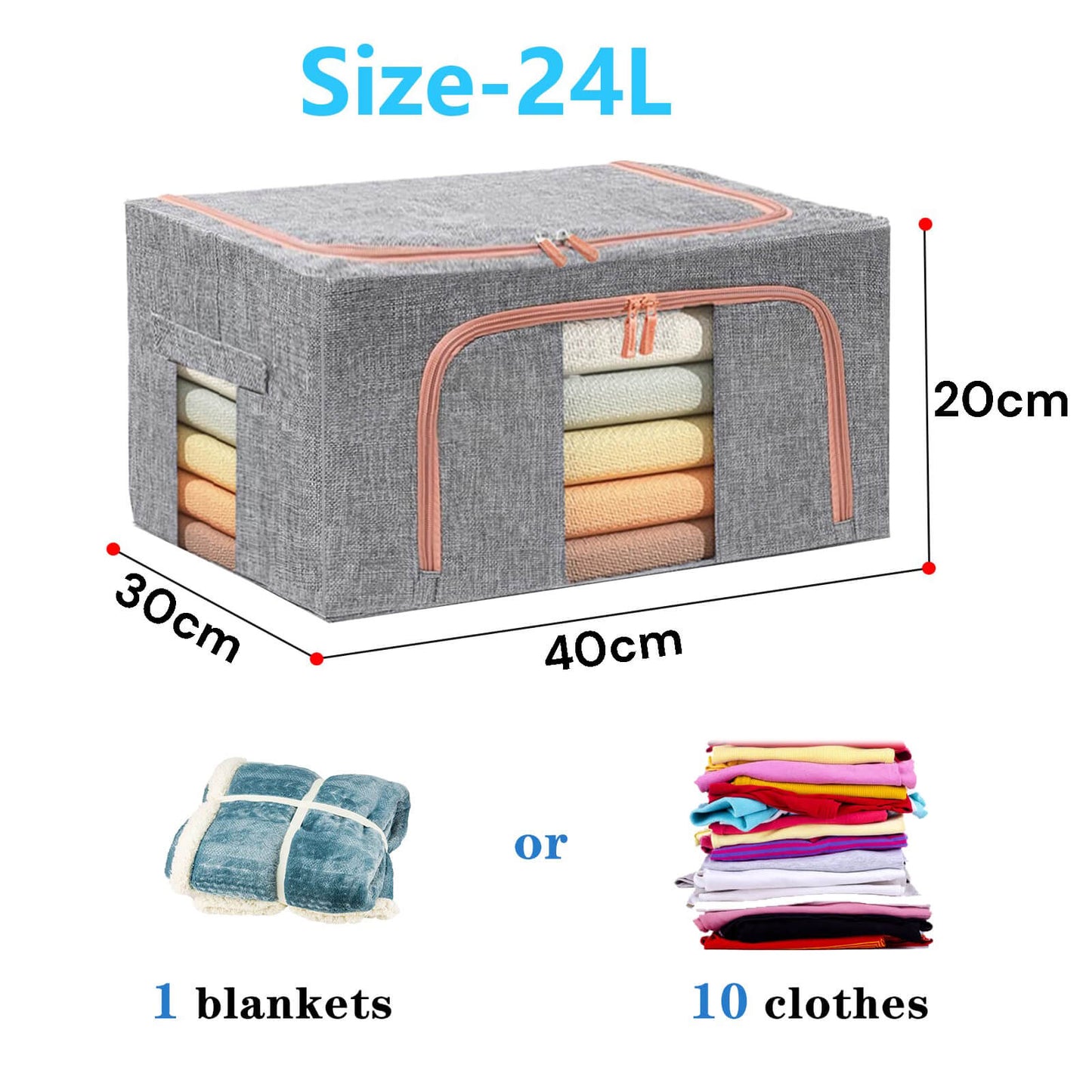 24L Foldable Clothes Storage Box โ Metal Frame Wardrobe Organizer Bin (Grey Linen)