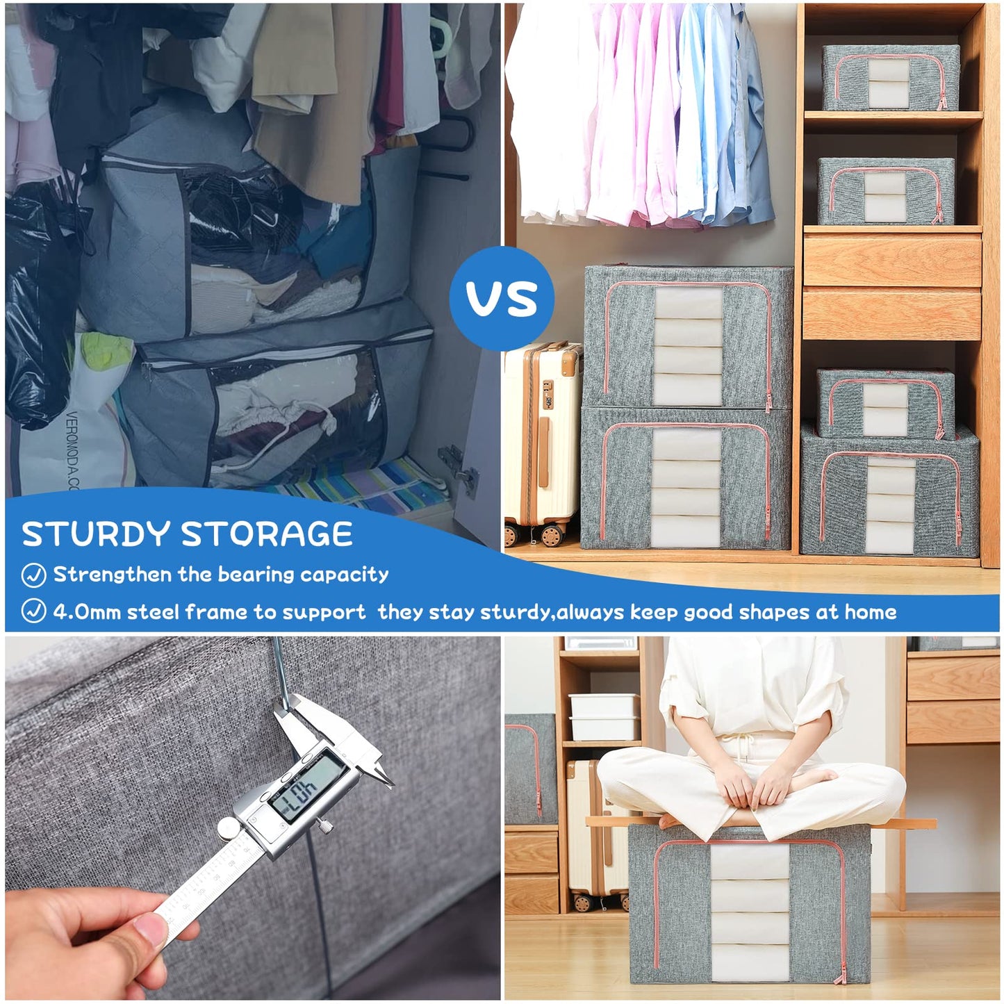 24L Foldable Clothes Storage Box โ Metal Frame Wardrobe Organizer Bin (Grey Linen)