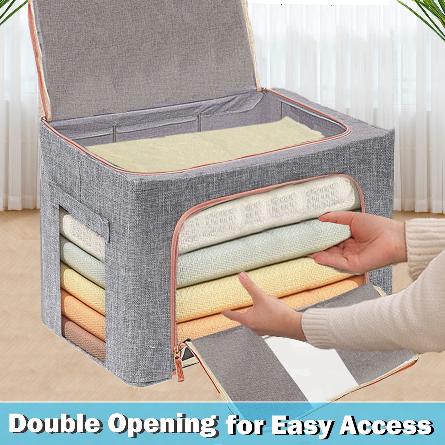 24L Foldable Clothes Storage Box โ Metal Frame Wardrobe Organizer Bin (Grey Linen)