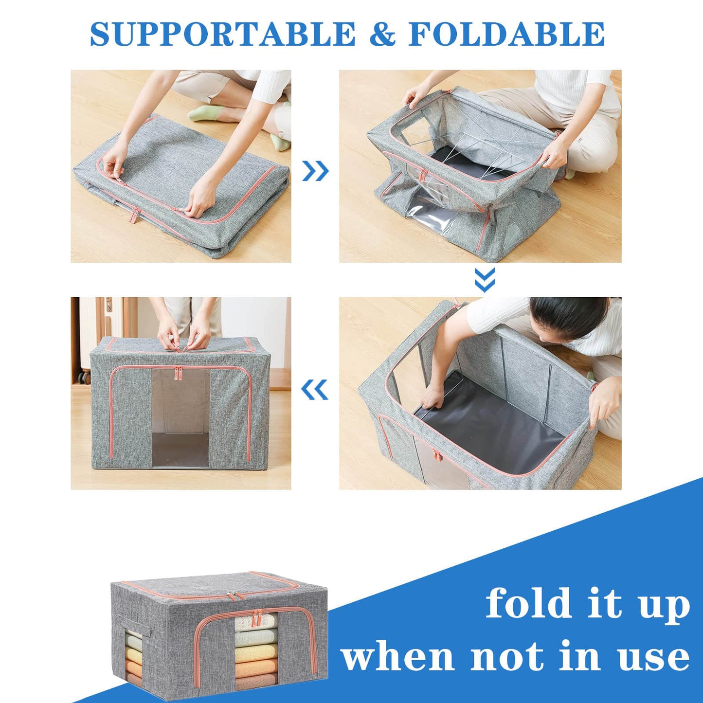 24L Foldable Clothes Storage Box โ Metal Frame Wardrobe Organizer Bin (Grey Linen)