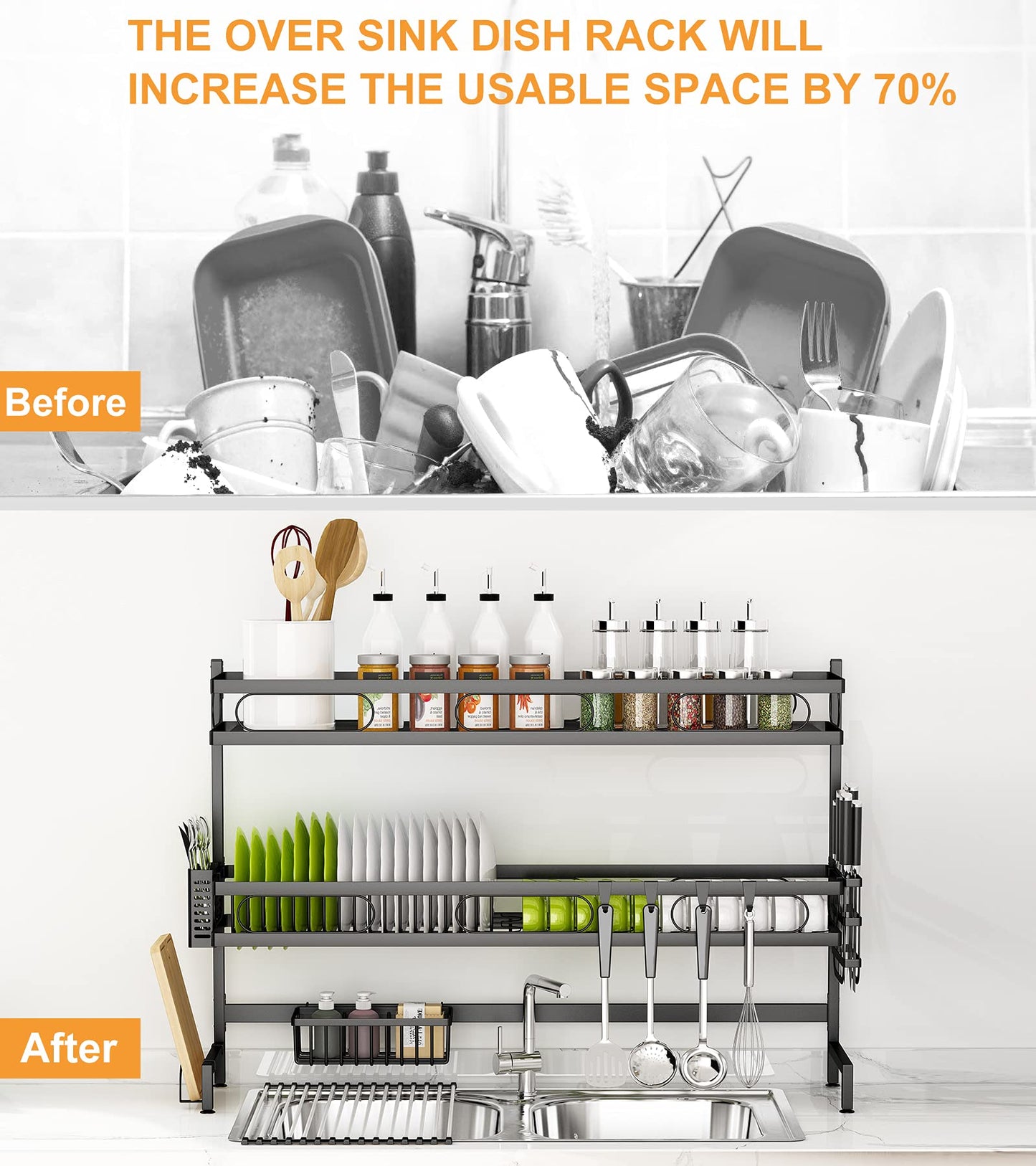 85cm 3 tier Over Sink Dish Drying Rack Drainer Kitchen Cutlery Holder Storage Organiser