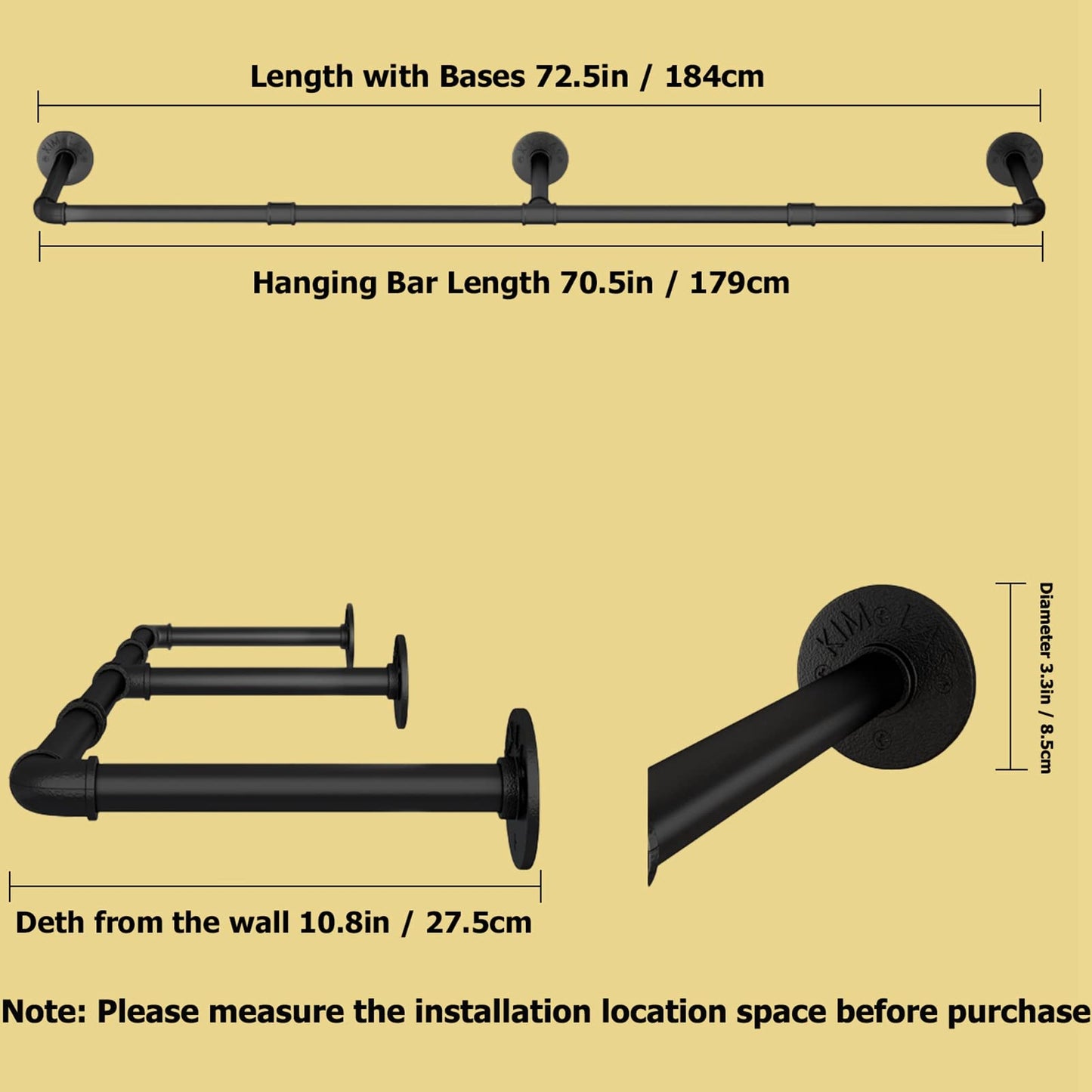 184cm Industrial Wall-Mounted Clothing Rack – Heavy-Duty Metal Pipe Garment Rail