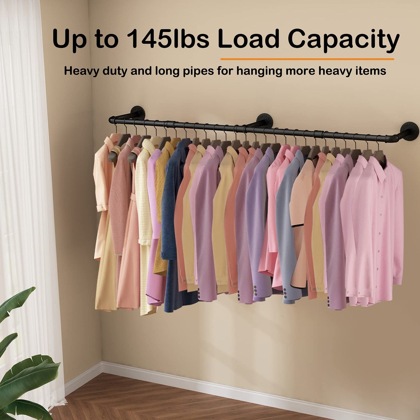 184cm Industrial Wall-Mounted Clothing Rack – Heavy-Duty Metal Pipe Garment Rail