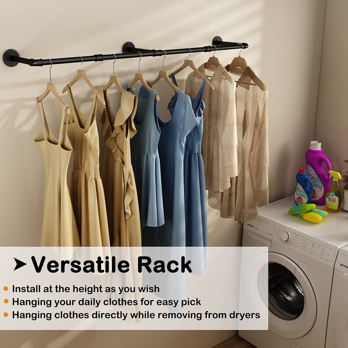 184cm Industrial Wall-Mounted Clothing Rack – Heavy-Duty Metal Pipe Garment Rail
