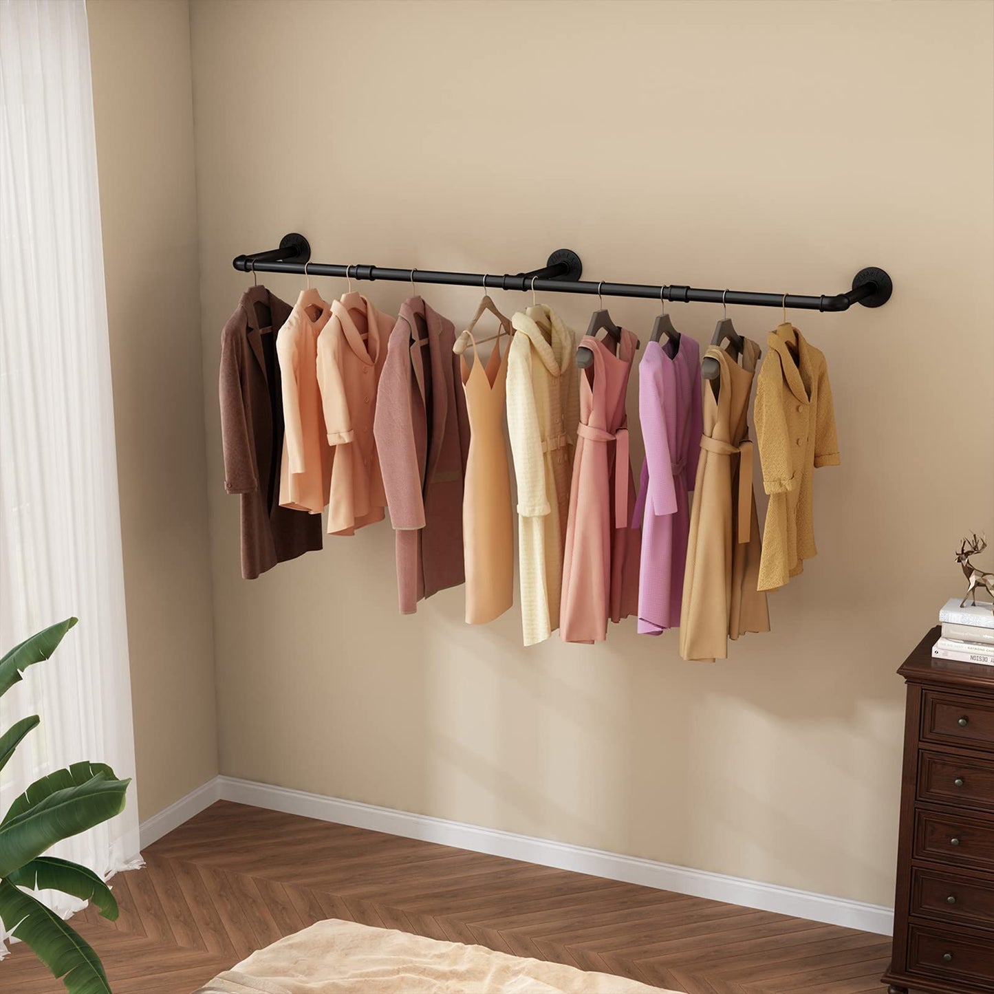 184cm Industrial Wall-Mounted Clothing Rack – Heavy-Duty Metal Pipe Garment Rail