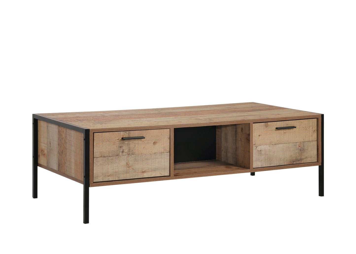 Mascot Coffee Table – Oak Finish with 2 Storage Drawers & Shelf | Modern Industrial Living Room Table