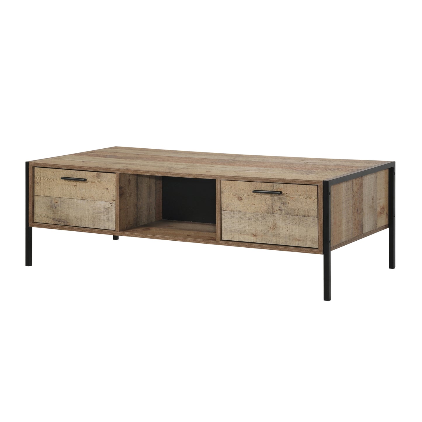 Mascot Coffee Table – Oak Finish with 2 Storage Drawers & Shelf | Modern Industrial Living Room Table