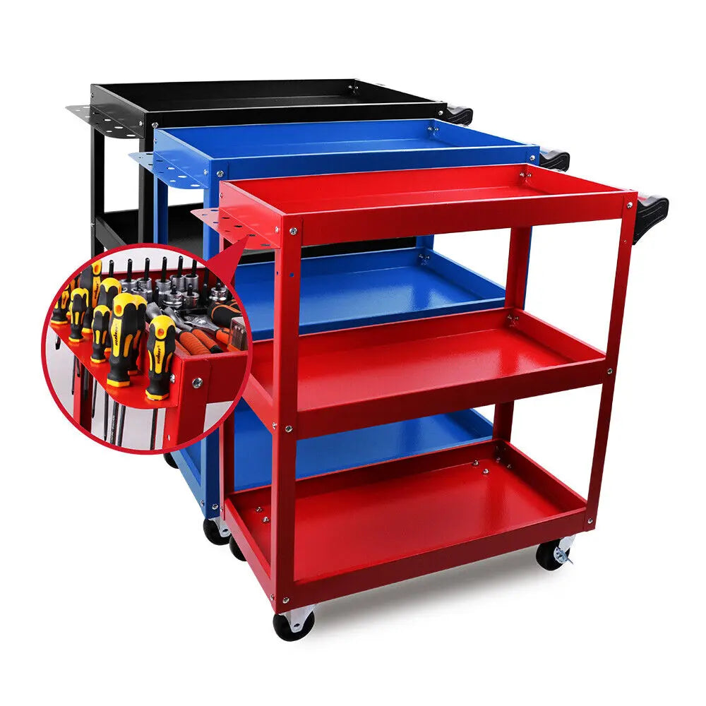 Three tier tool trolley showing screwdriver storage bay and spacious trays