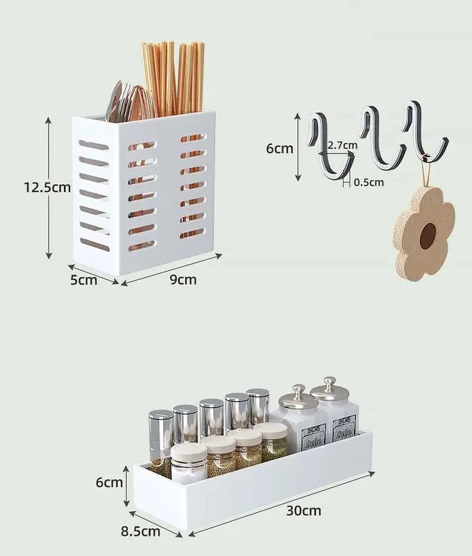 Complete microwave organizer kit showing shelf cutlery tray spice rack and hooks