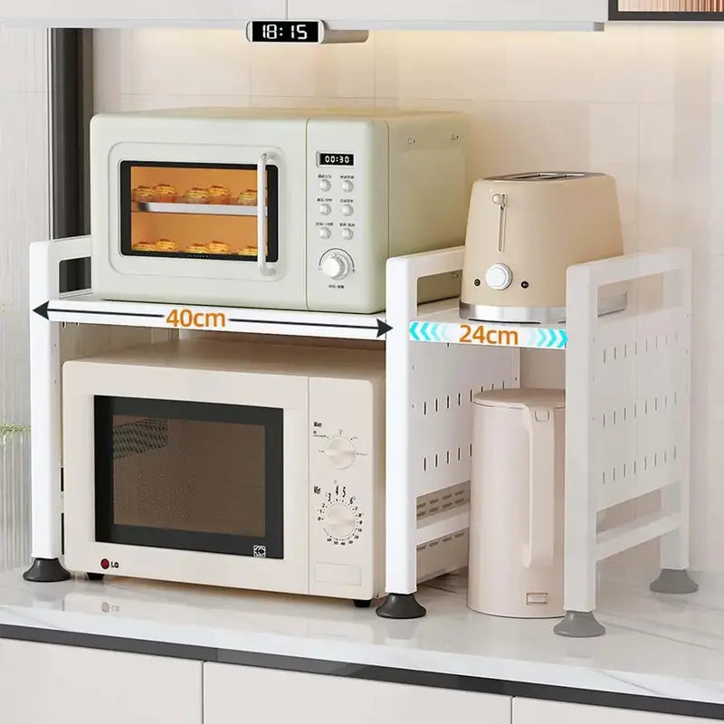 Small kitchen organization with black microwave shelf maximizing storage space
