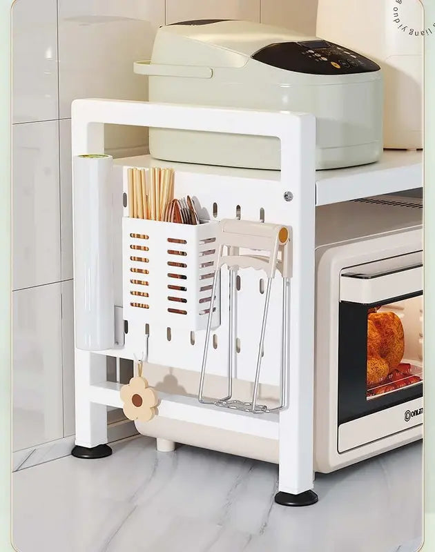 Adjustable Microwave Shelf Organizer with Cutlery Tray - Black Kitchen Storage Rack