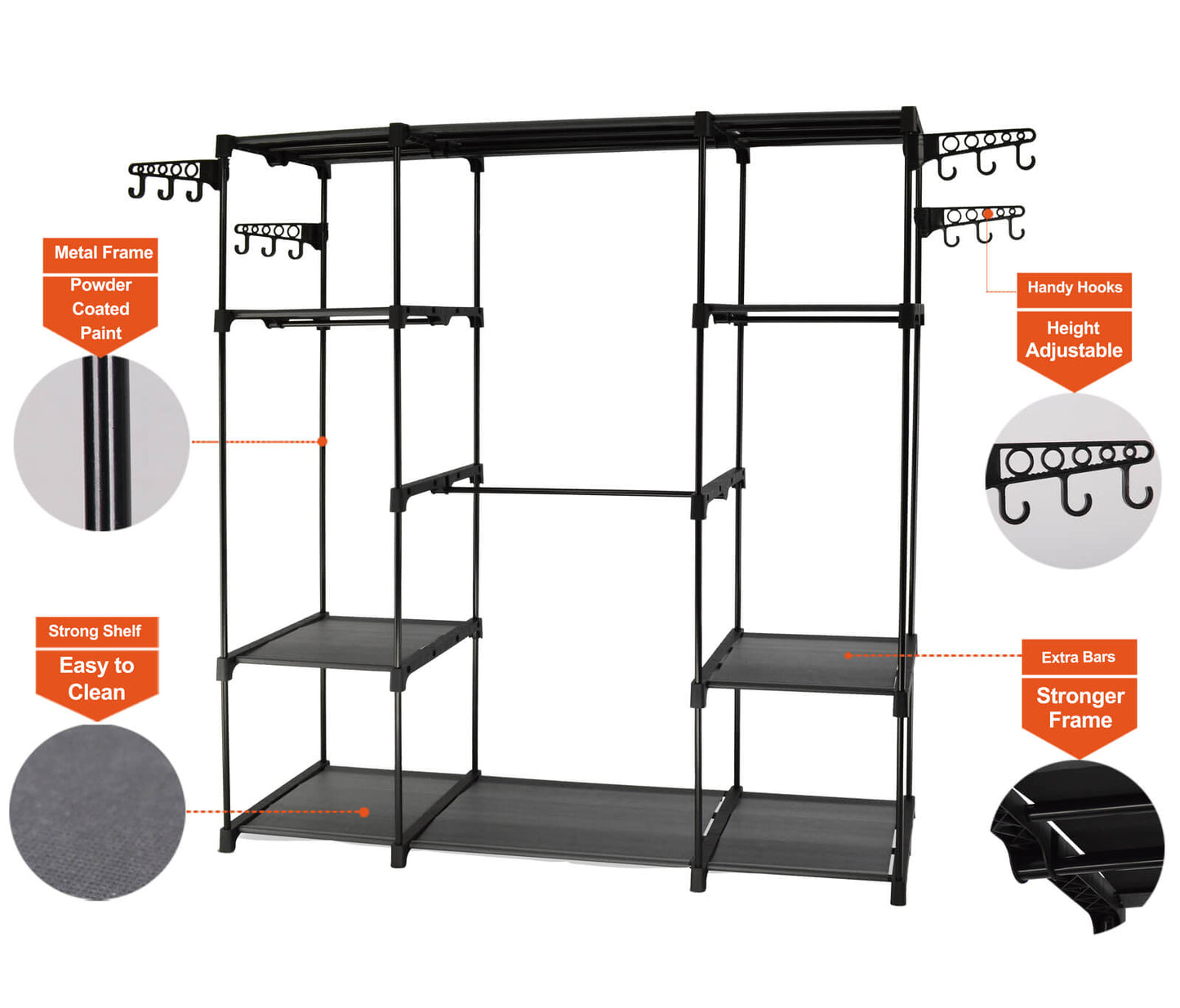 Sorti Freestanding Metal Garment Rack – Heavy-Duty Portable Closet with Shelves & Hooks (100kg Load)