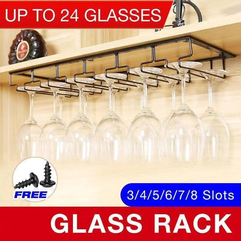 Organized kitchen bar with hanging wine glasses on black storage rack