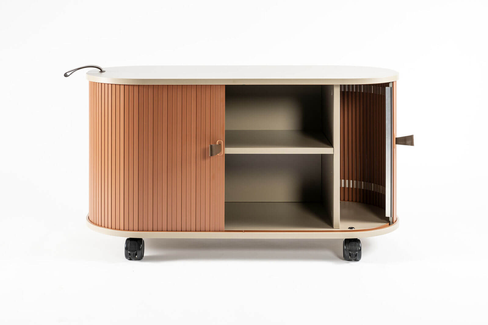 Three adjustable shelves inside mobile storage cabinet storing office supplies and craft materials