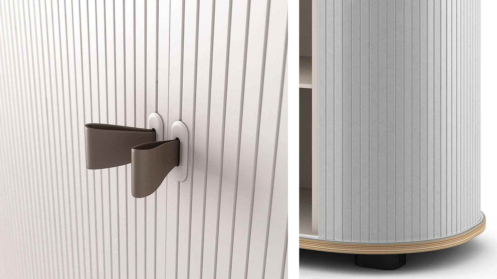 Close-up of space-saving roller shutter door and tan leather handle on mobile cabinet