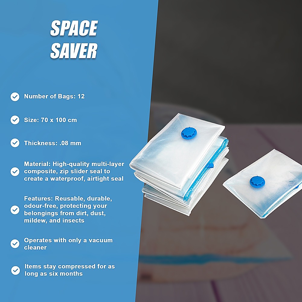 Vacuum cleaner compressing clothes in storage bag showing easy 30 second process space saving demonstration