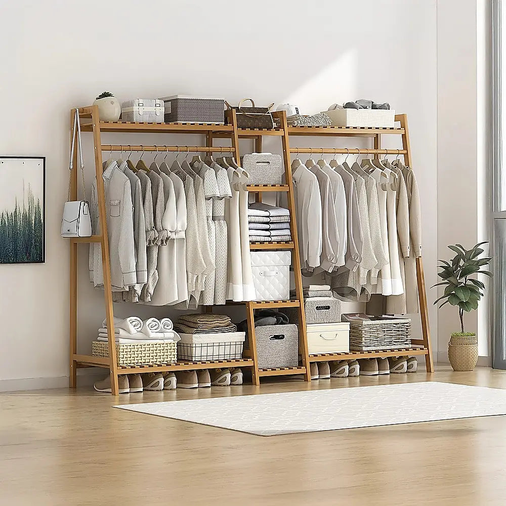 Bamboo Clothes Rack Double Rail 190cm | Portable Garment Organiser with Shelves