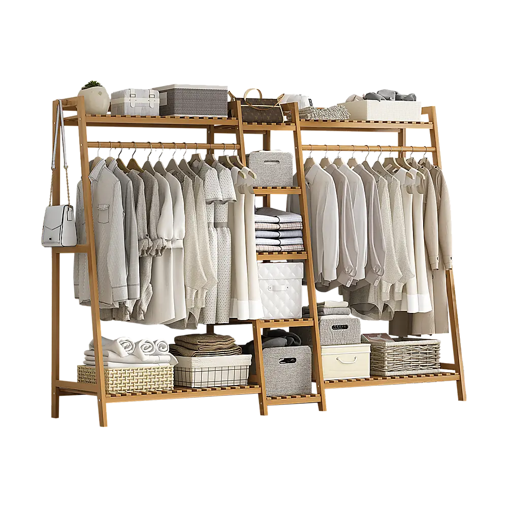 Double rail bamboo clothes rack with 5 shelves for bedroom closet storage